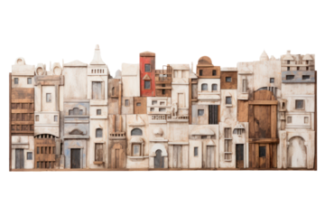 A decayed bas-relief wooden panel showing a cathedral, isolated on a white background.