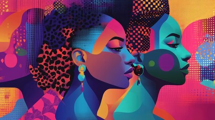 Abstract Portrait of Two Women with Bold Colors and Patterns