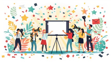 Colorful vector illustration of a photography contest, with judges reviewing photos and awarding prizes to the best shots, celebrating the creativity of participants