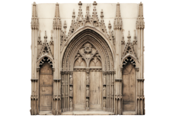 A decayed bas-relief wooden panel showing a cathedral, isolated on a white background.