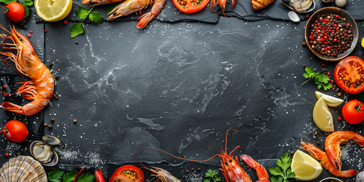 Seafood shrimp, mussels frame on the black stone background flat lay, Blank Copy Space at the center, fish restaurant menu design