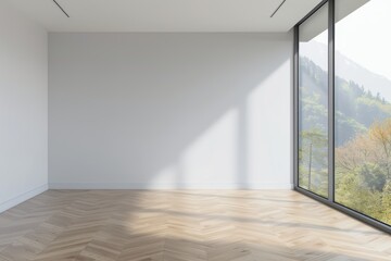Obraz premium White empty wall in modern office interior with panoramic windows and light parquet flooring