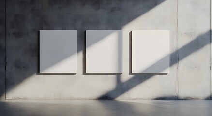 Set of three blank white poster mockup canvas on the wall, concrete background, minimalistic hyper realistic artwork template