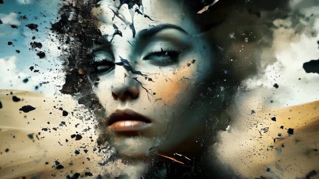 A double exposure image of a woman's face and a broken clock. Time related concept.