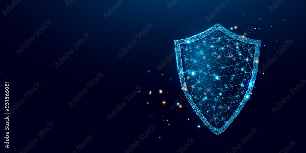 Poster guard shield. cyber security concept with glowing low poly shield on dark blue background. wireframe