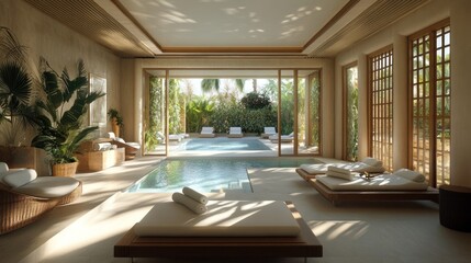 Fototapeta premium Modern Spa Interior with Pool and Lounging Chairs