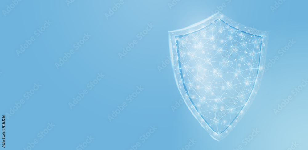 Poster guard shield. cyber security concept with glowing low poly shield on blue background. wireframe low 