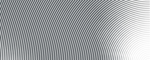 Sound wave irradiation or circular vibrations on the water surface. Circular quarter circle lines stripe background. Abstract radial pattern. Rectangular monochrome backdrop. Vector illustration.