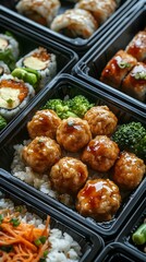 A black plastic food container filled with chicken balls, rice, and vegetables is seen in the middle of an array of other healthy meal boxes