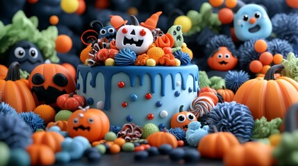 Obraz premium Colorful Halloween-themed treats including candy corn, cupcakes, and candy with pumpkins in a festive fall setting