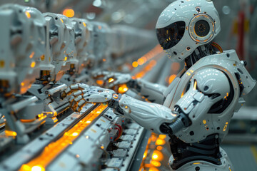 Fototapeta premium Humanoid AI robots manage advanced 3D printing