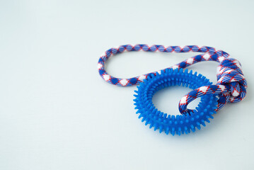 Puppy ring toy for teeth with knot tugger. Best dog toys for training and education, and scratching on white background