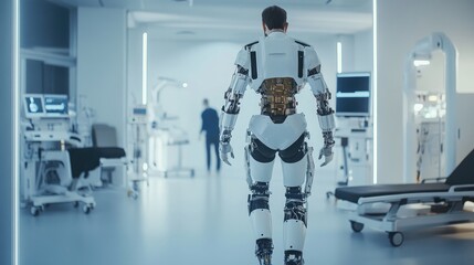 Fototapeta premium Robotic exoskeletons assisting human rehabilitation in a futuristic healthcare setting, focusing on advanced recovery techniques
