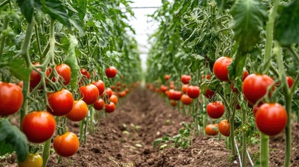 Tomato plants growing in rows, with ripe red tomatoes hanging from the vines