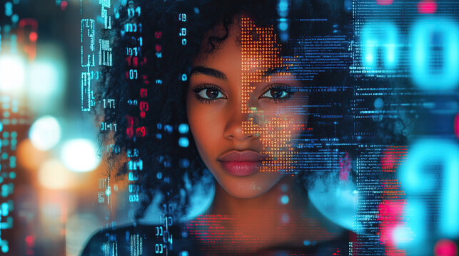 Beautiful young black woman with curly hair looking at holographic data with blue lights