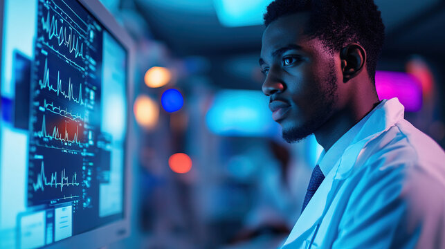 Black young male doctor examining digital medical data on interactive screen. Generative AI