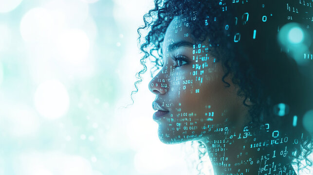 Young woman with curly hair overlaid with streams of digital binary code. Generative AI