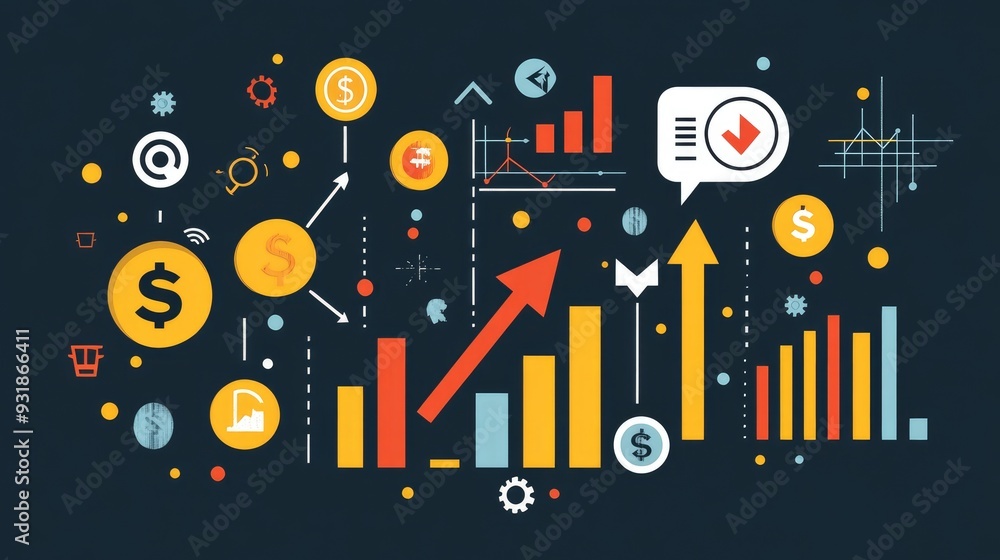 Poster visual guide for increasing revenue in trading, with icons and arrows showing progress