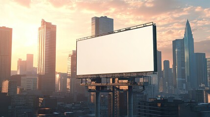 A large blank billboard in an urban setting with skyscrapers in the background