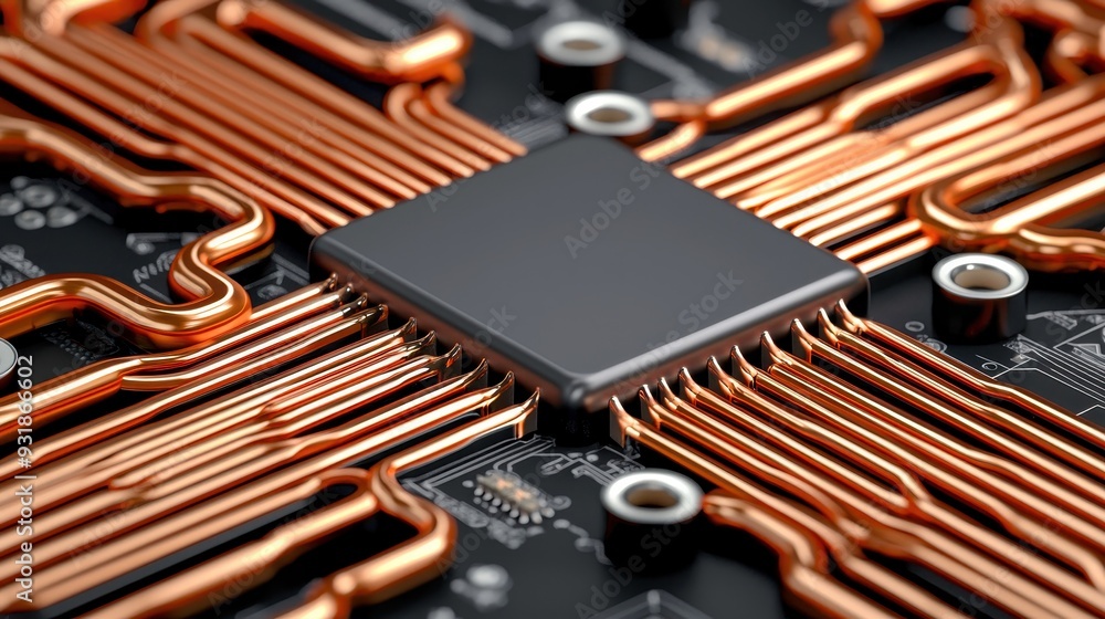 Poster close-up of a modern microchip on a circuit board, showcasing intricate circuits and copper connecti