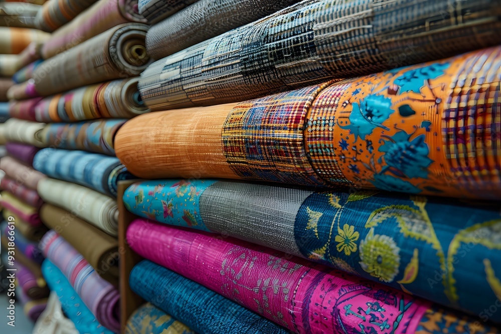 Poster a colorful display of rolled textiles in a fabric store