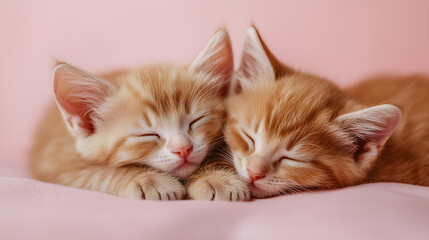 Two little cute ginger kittens. Two cats hugging Pet. Sleep and cozy sleep. Valentine's day or birthday greeting card