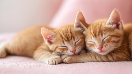Obraz premium Two little cute ginger kittens. Two cats hugging Pet. Sleep and cozy sleep. Valentine's day or birthday greeting card