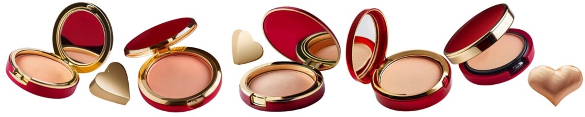 A collection of luxurious red and gold compact cases with soft blush powder cut out transparent isolated on white background PNG