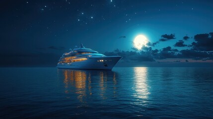 A luxurious yacht illuminated by moonlight on calm waters.