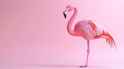 A 3D flamingo standing on one leg with a soft pastel background on the right, symbolizing the elegance and grace of zoo birds, 