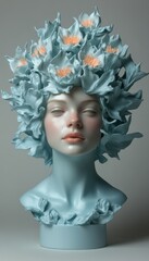 Surrealistic Sculpture of a Woman with Floral Headpiece in Soft Pastel Colors
