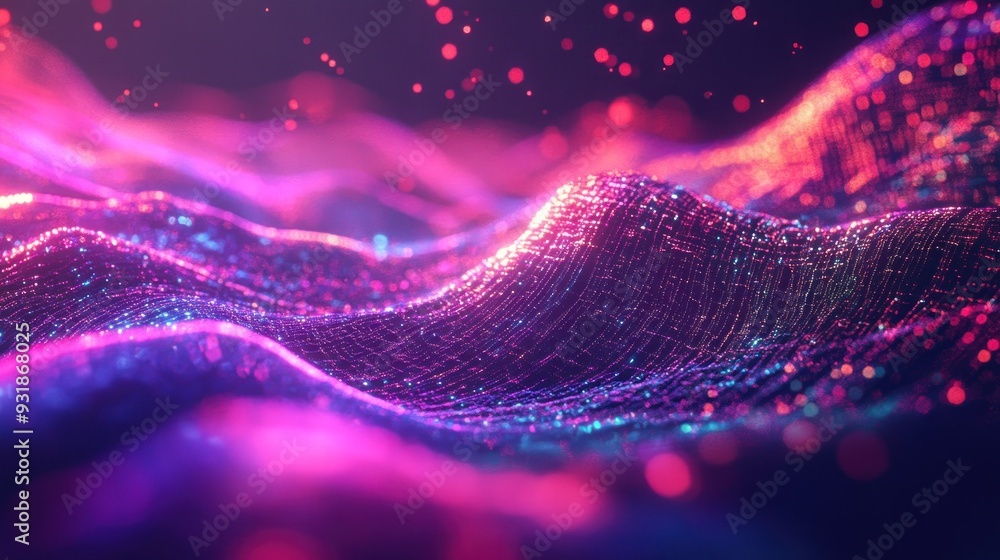Poster abstract wavy surface with glowing particles and bokeh lights