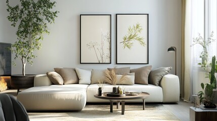 Modern Living Room with Sectional Sofa and Botanical Art Prints
