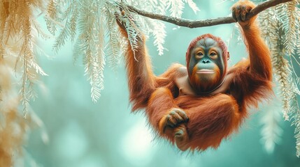Naklejka premium A 3D orangutan swinging from a branch with a soft pastel background on the right, symbolizing the playful nature of apes in zoos,