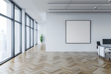 Obraz premium white wall in modern office interior with panoramic windows and wooden floor, large space for text
