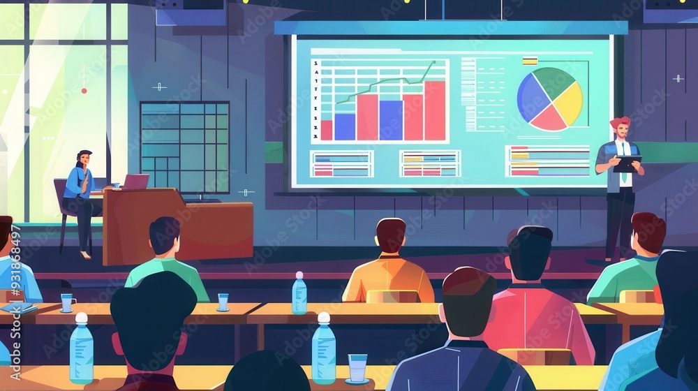 Leinwandbilder A speaker presents financial data in a contemporary conference room while attendees engage and take notes. Generative AI