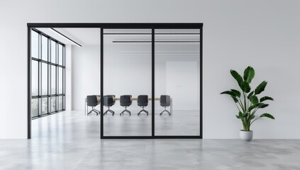 White wall with black framed glass door leading to the meeting room
