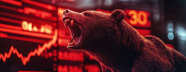 Roaring Bear Market: A fierce brown bear roars against a backdrop of a plummeting stock market...