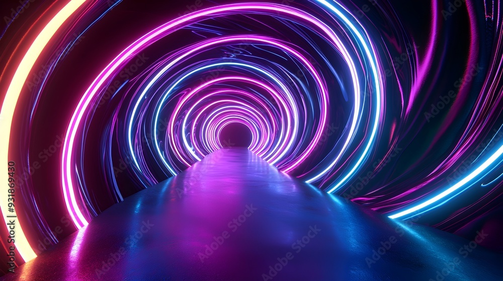 Poster mesmerizing neon light trails spiraling through a dark void,creating a dynamic abstract artwork