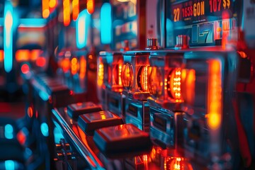 Vibrant Neon Glow of Slot Machines in a Casino