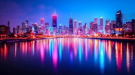Fototapeta premium Mesmerizing Neon Cityscape Reflected in Calm River,Vibrant Urban Landscape