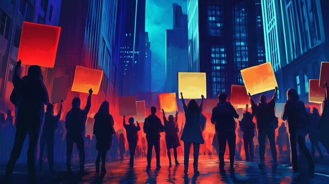 digital art of protestors with signs in a city