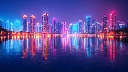 Neon-outlined city skyline reflected in a tranquil river,creating a mesmerizing and futuristic scene