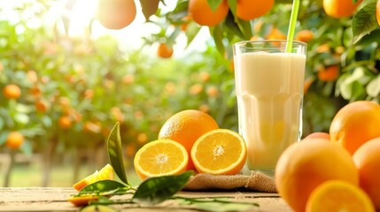 Fototapeta premium Milkshake drink with orange and pieces of fruit on wooden table among orange trees