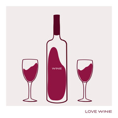 Elegant wine bottle and two glasses set on a soft backdrop for a romantic evening