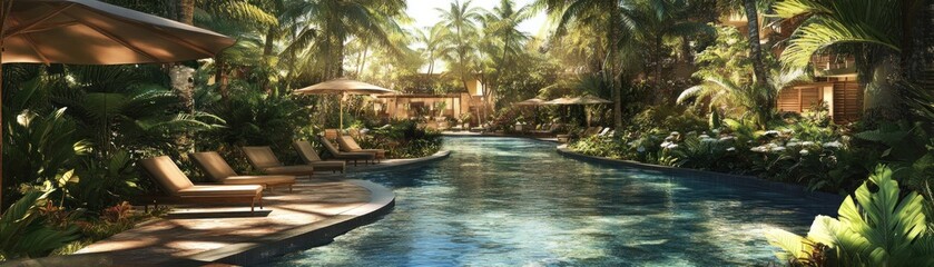 Tropical Resort Pool with Lush Greenery and Loungers