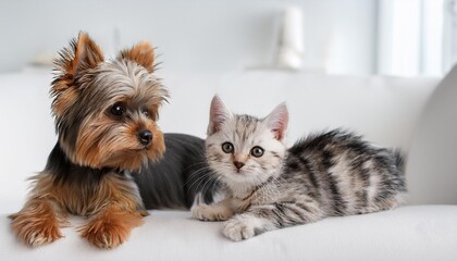 ソファーの上にいるヨークシャーテリアの子犬と猫（Yorkshire terrier puppy and cat on the sofa）
