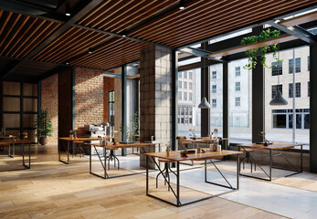 open office space with wooden floors and brick walls