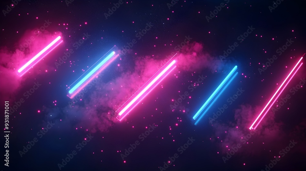 Poster neon typographic design floating in cosmic space with glowing letters