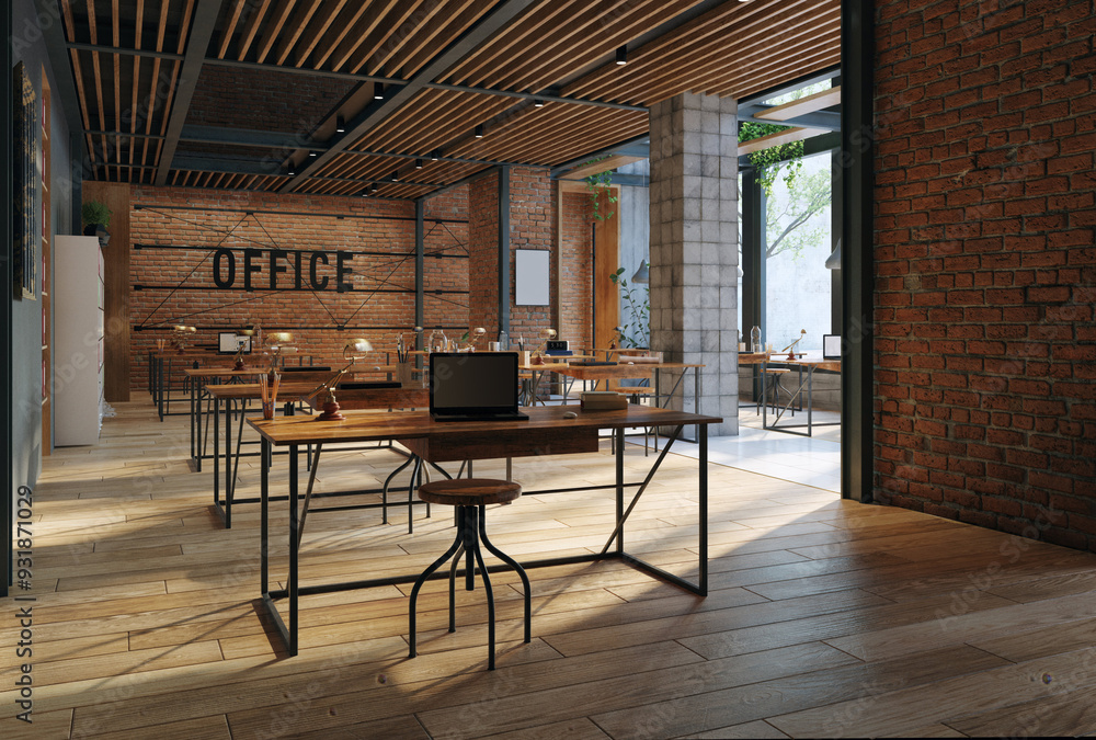 Poster open office space with wooden floors and brick walls